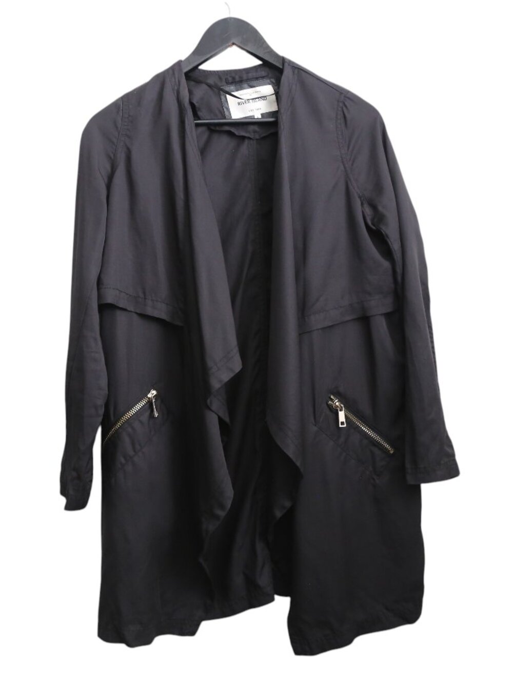 River Island Lyocell Black Draped Front Open Cardigan Jacket Size 6